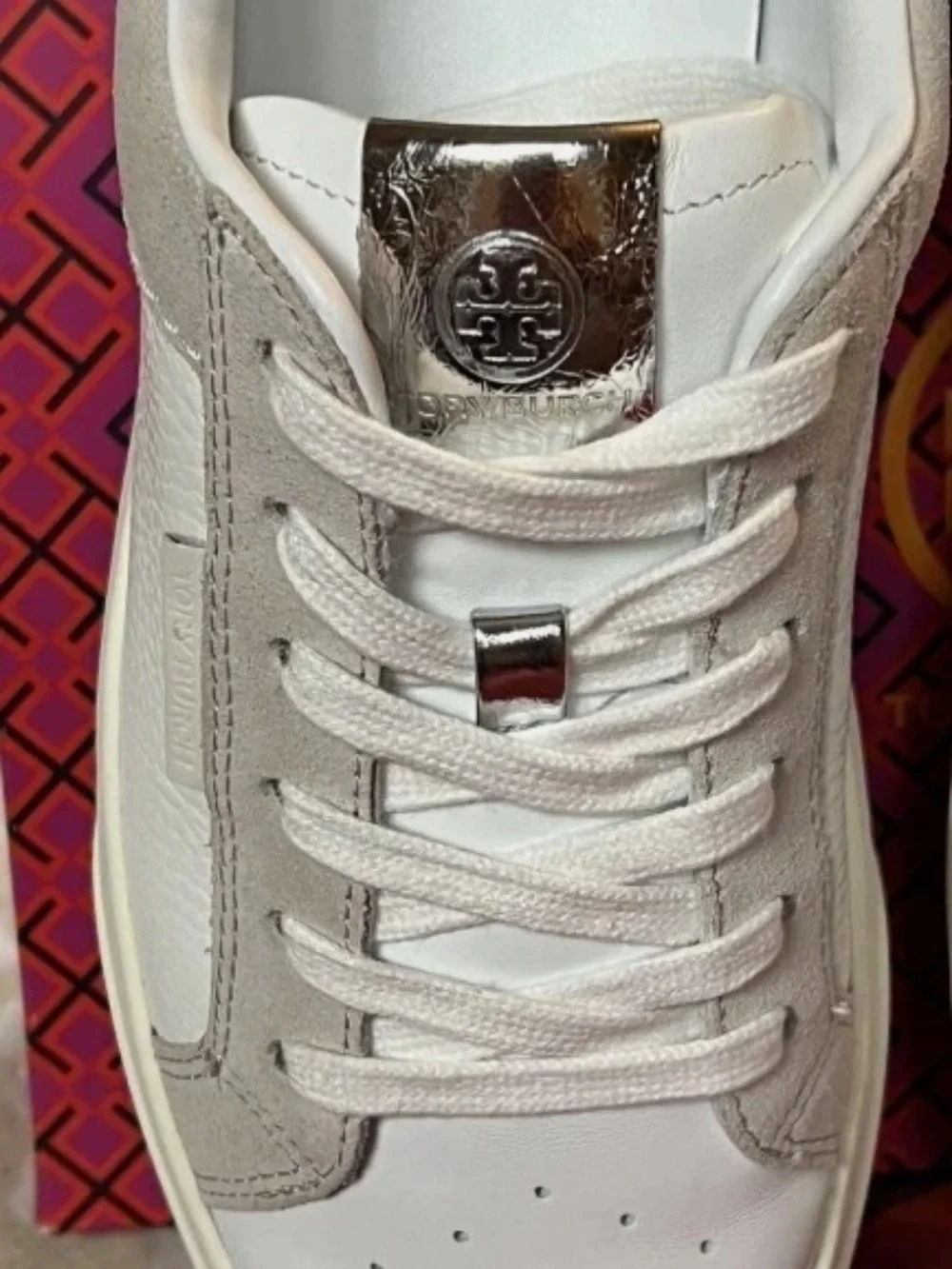 Tory Burch White & Taupe Suede-Trim Platform Sneakers with Metallic Heel - Picture 4 of 5